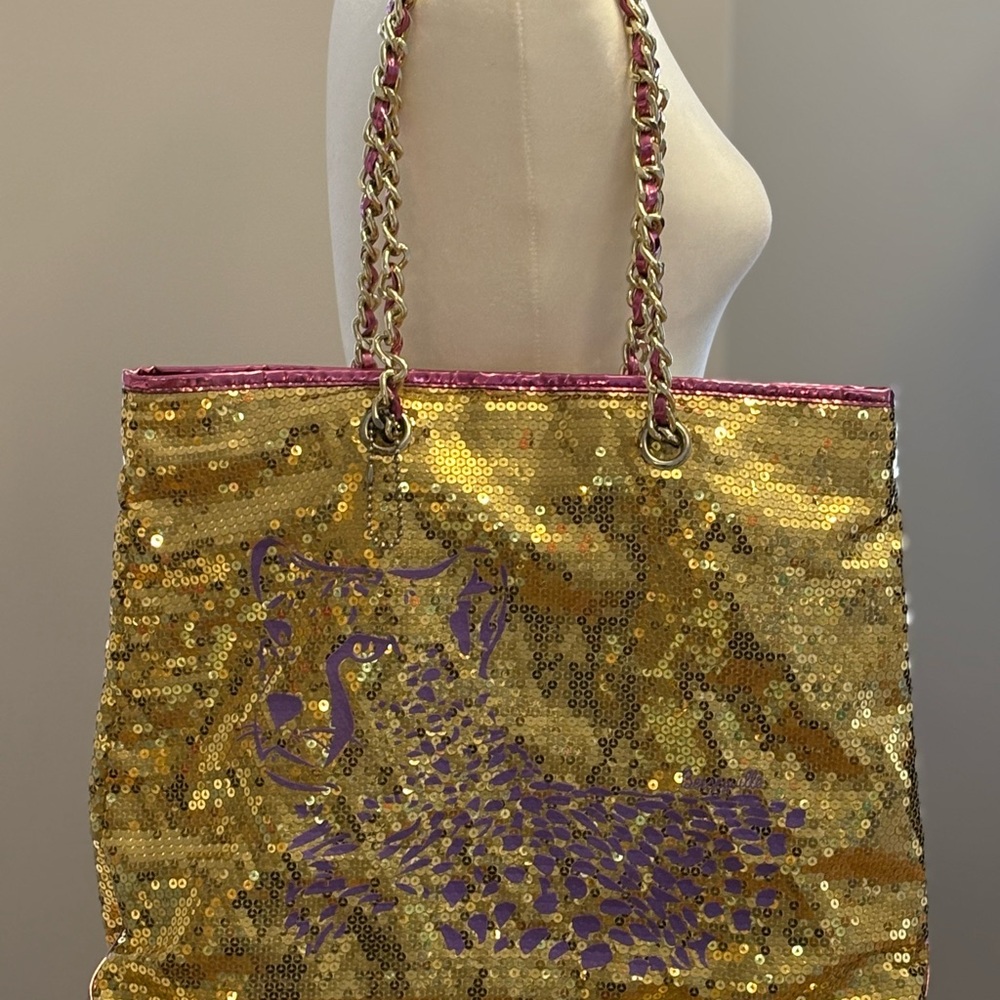 Gold Sequin Tote Bag with Purple Leopard Design